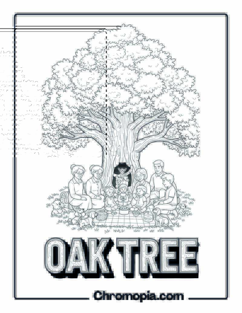Oak Tree Spreading Branches Picnic Coloring Sheet