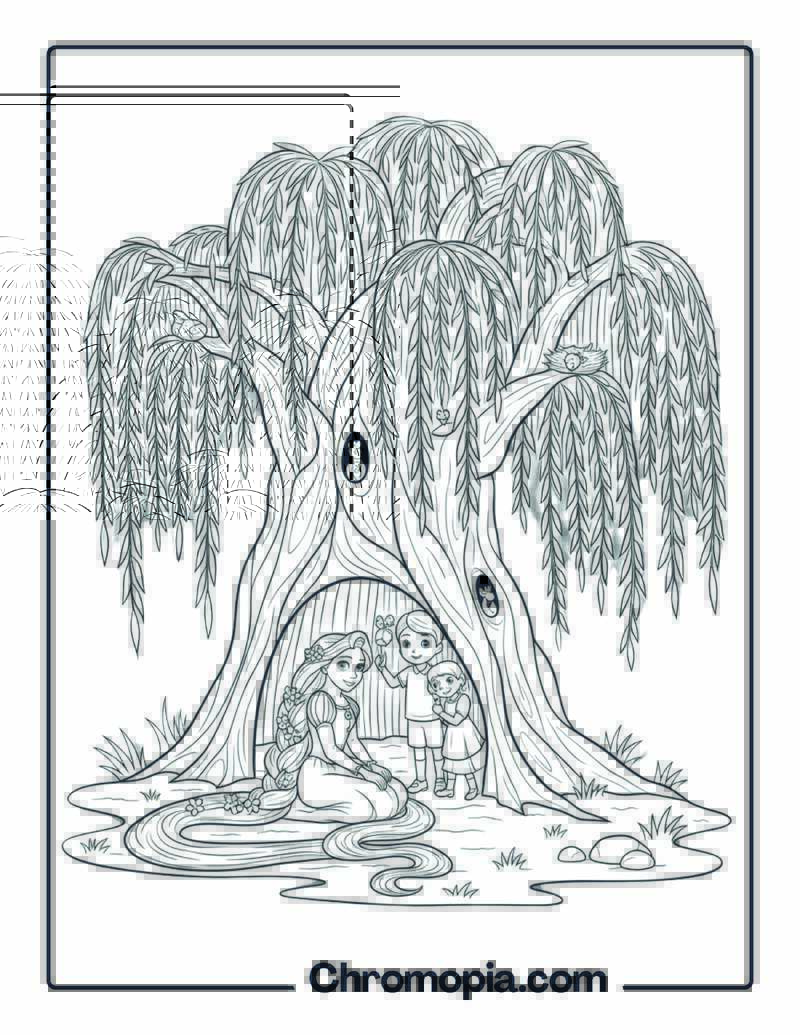 Willow Trees Drooping Branches Hideout Coloring Sheet