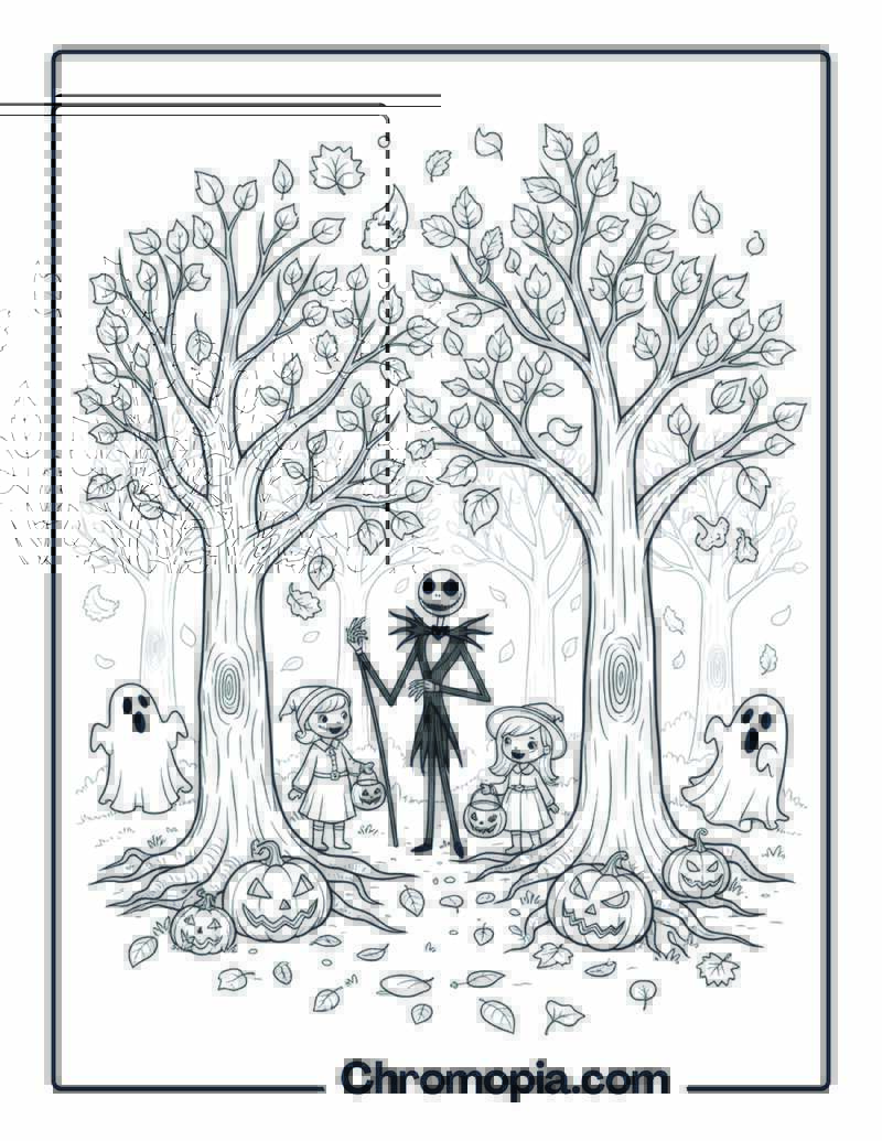Halloween Trees Changing Autumn Leaves Coloring Page