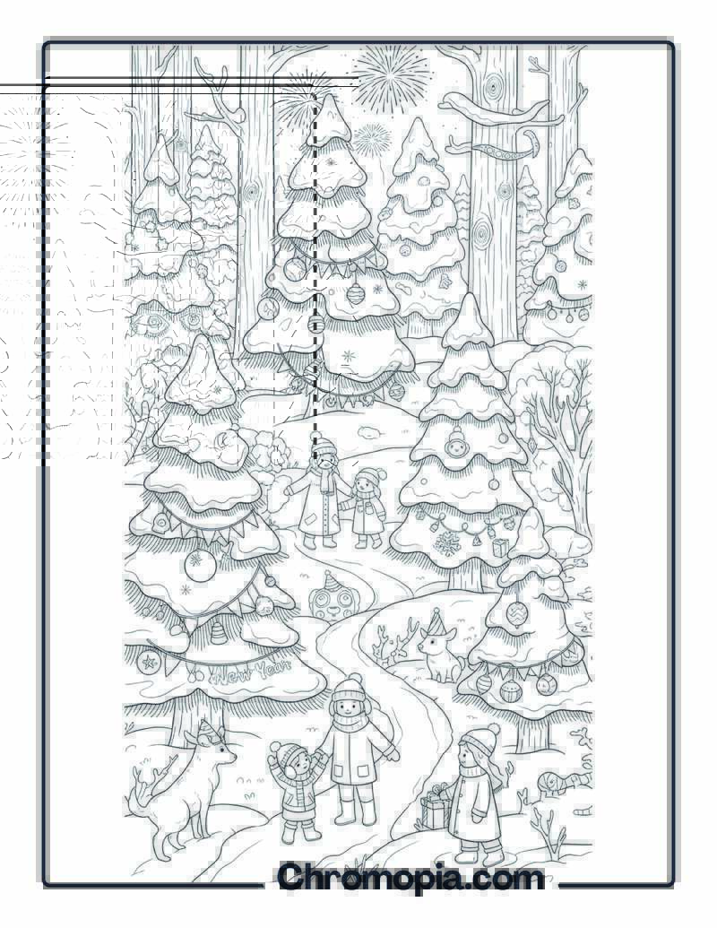 New Year Snow Covered Evergreen Trees Coloring Page