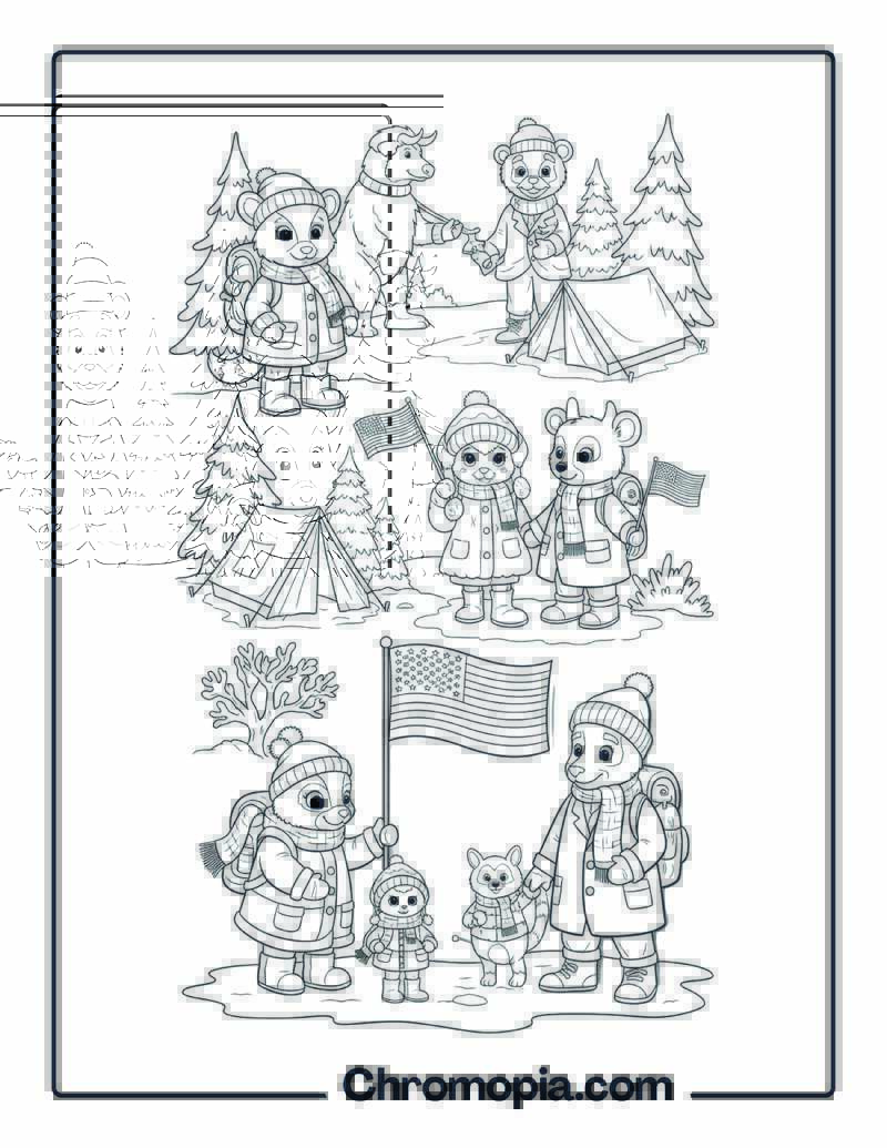 President_s Day Forest Animals Winter Coats Coloring Page
