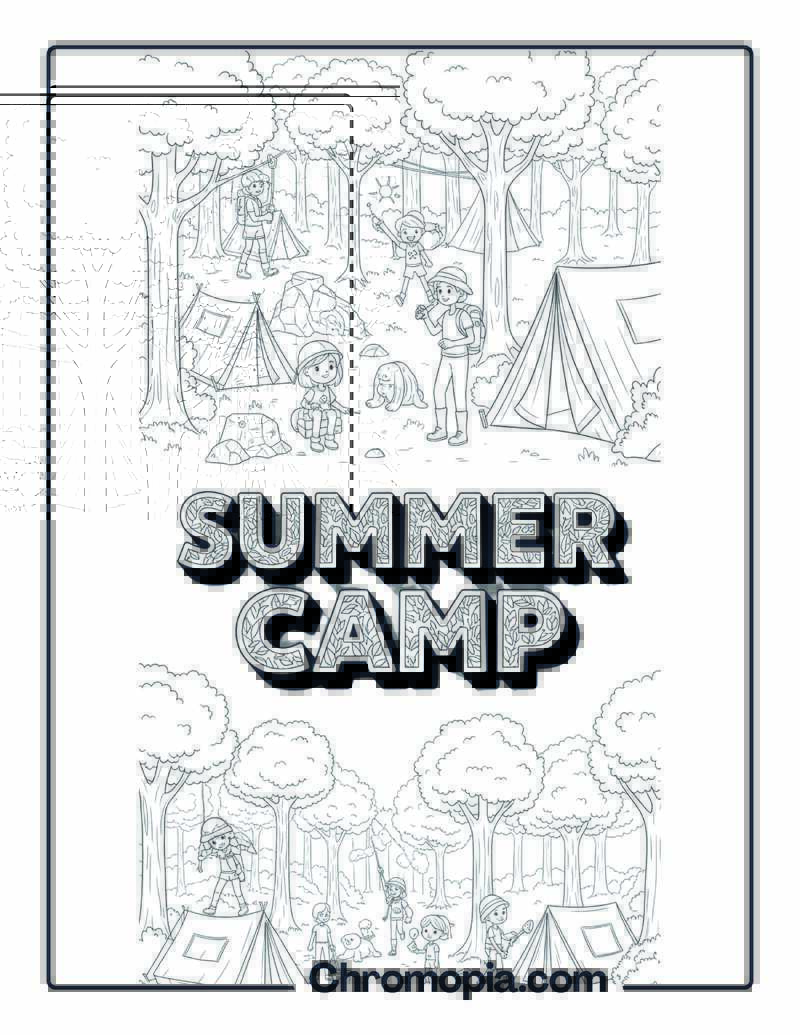 Summer Vacation Forest Adventure Camp Coloring Page