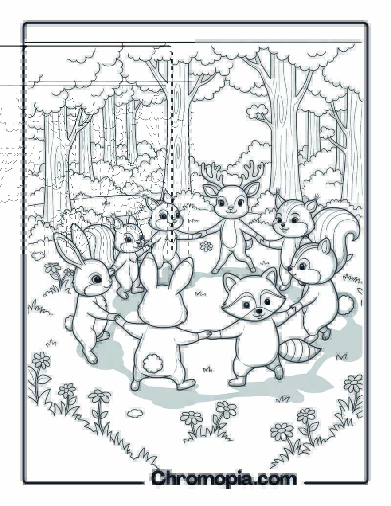 Dancing Forest Animals Friendship Coloring Page