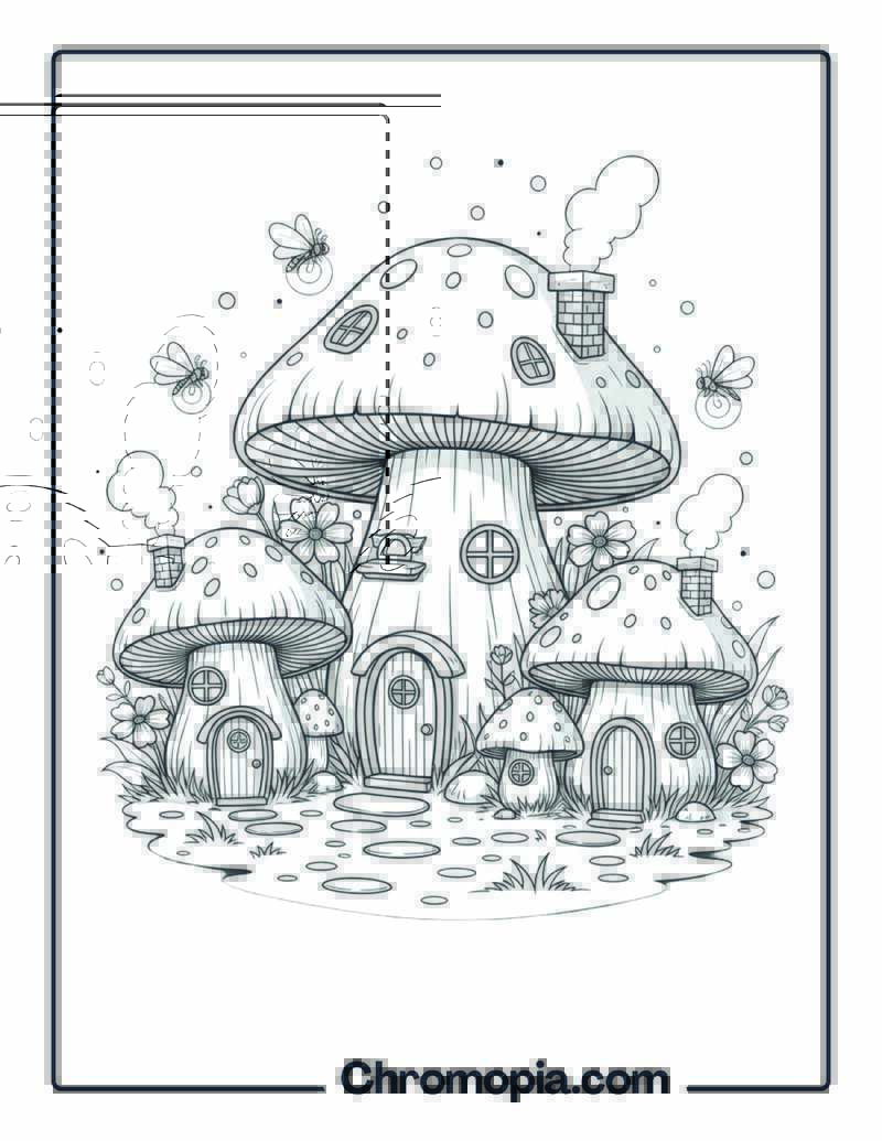 Enchanted Fairy Mushroom Village Coloring Page
