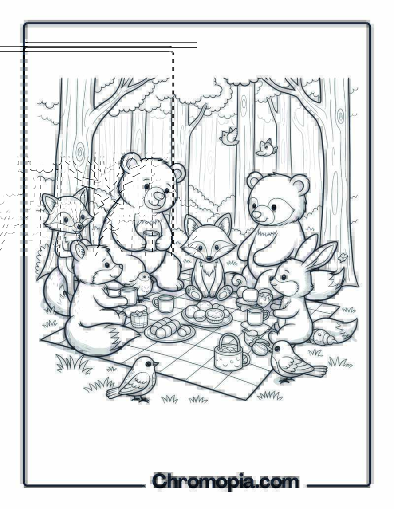 Forest Friends Picnic Adventure Coloring Sheet