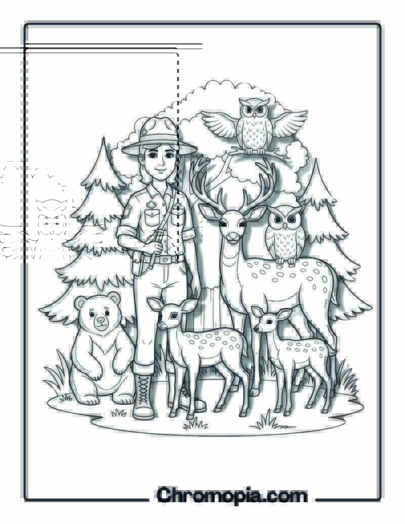 Forest Ranger Wildlife Protection Coloring Page
