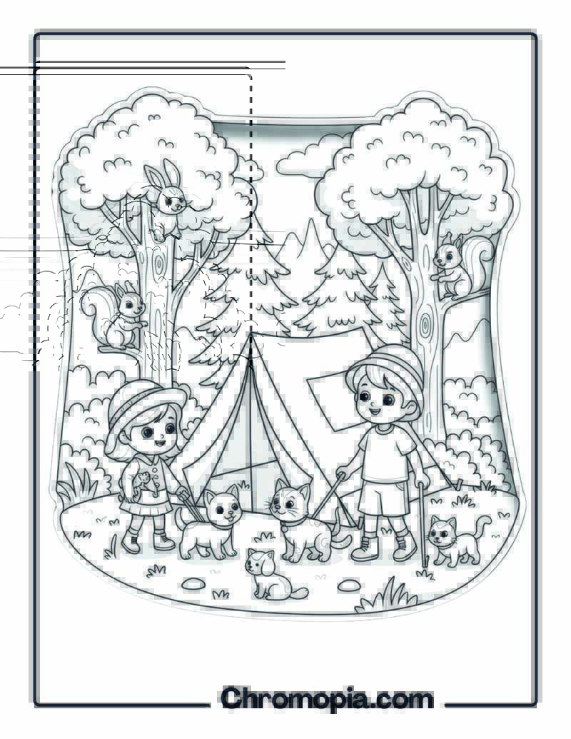 Pet Adventure Forest Camping Coloring Sheet