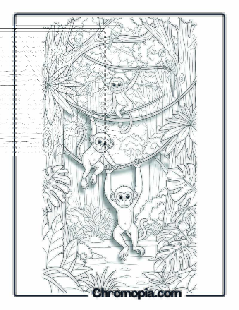 Tropical Rainforest Monkey Adventure Coloring Sheet
