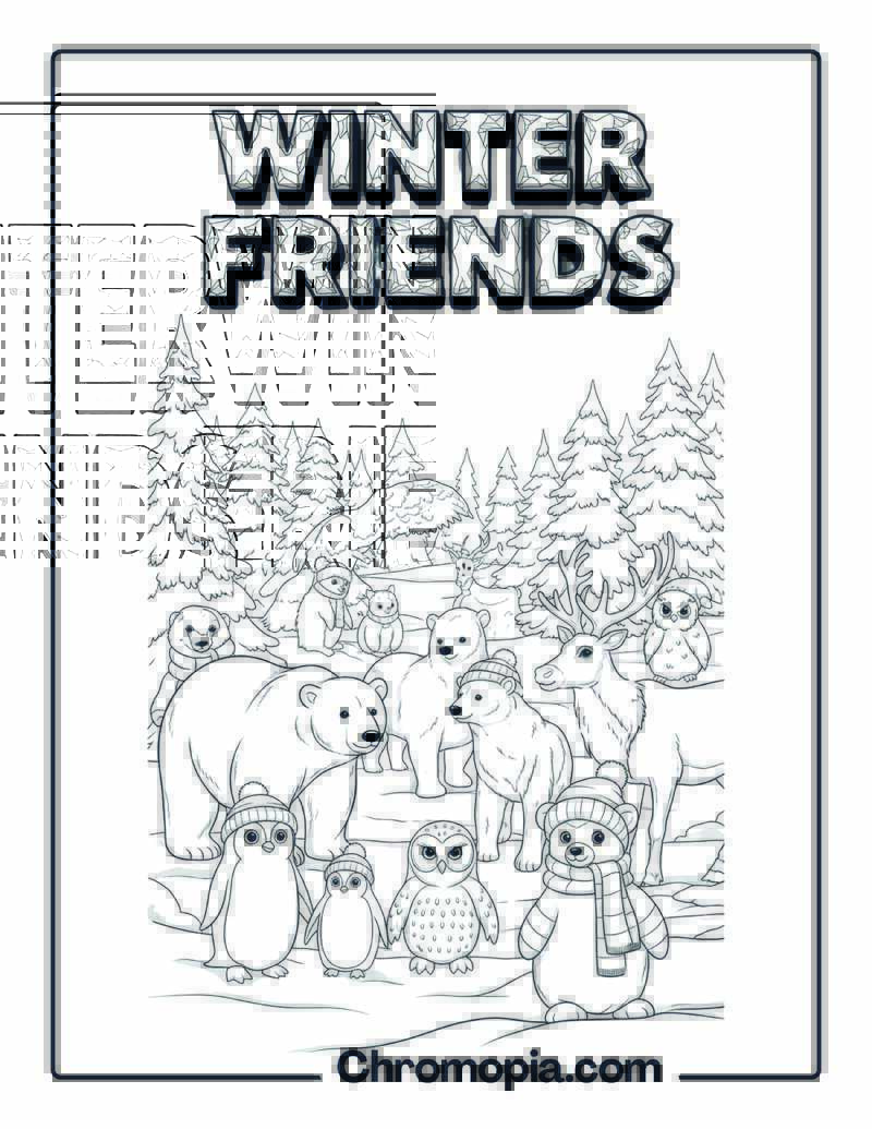 Winter Forest Animal Gathering Coloring Page