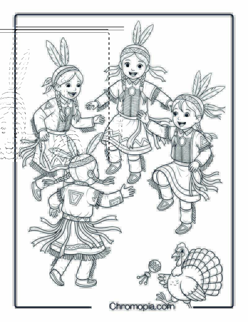 Native American Children Dancing in Regalia Coloring Page
