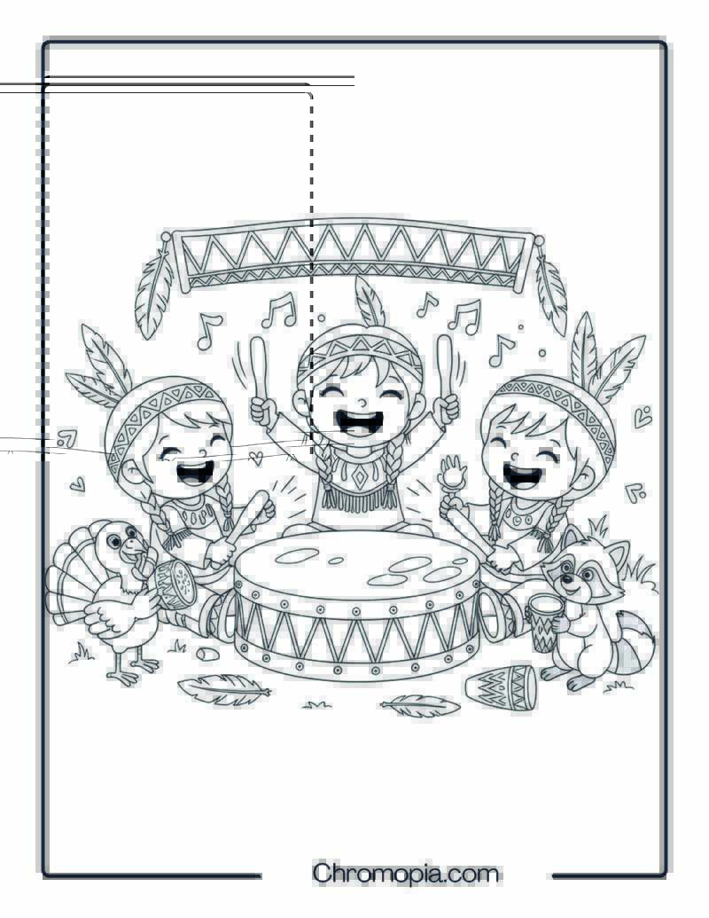 Native American Children Drum Circle Coloring Sheet