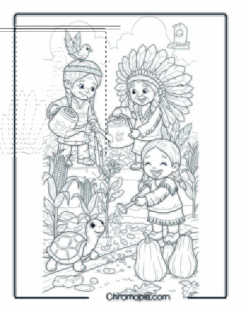 Native American Children Garden Helpers Coloring Sheet