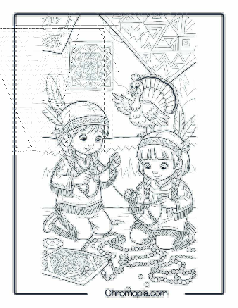 Native American Children Making Beaded Jewelry Coloring Page