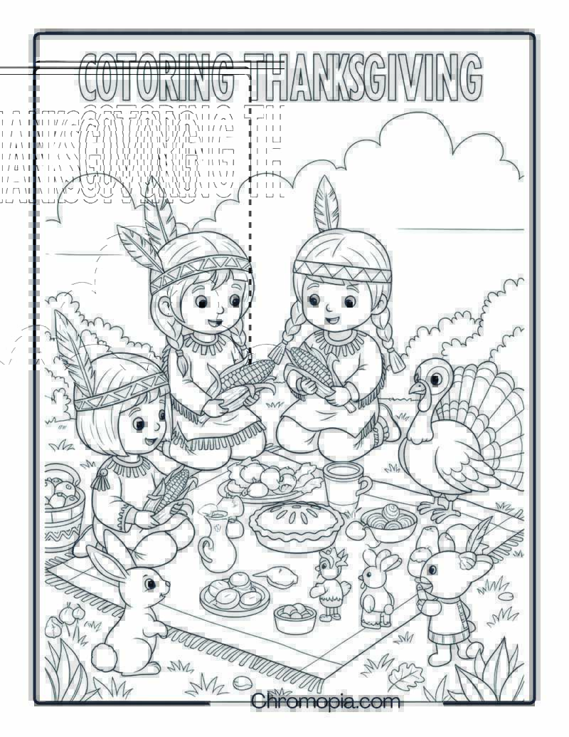 Native American Children Thanksgiving Gathering Coloring Sheet
