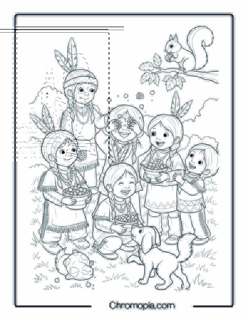 Native American Kids Berry Picking Coloring Page