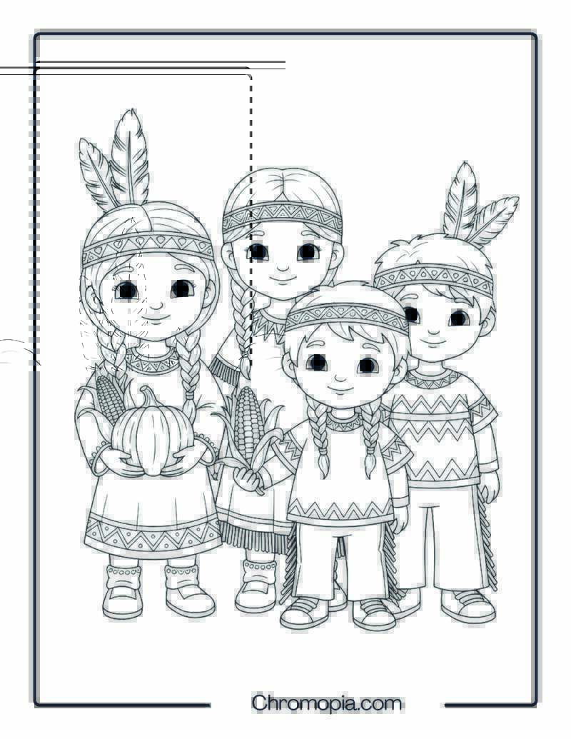 Native Girl and Boys Coloring Page
