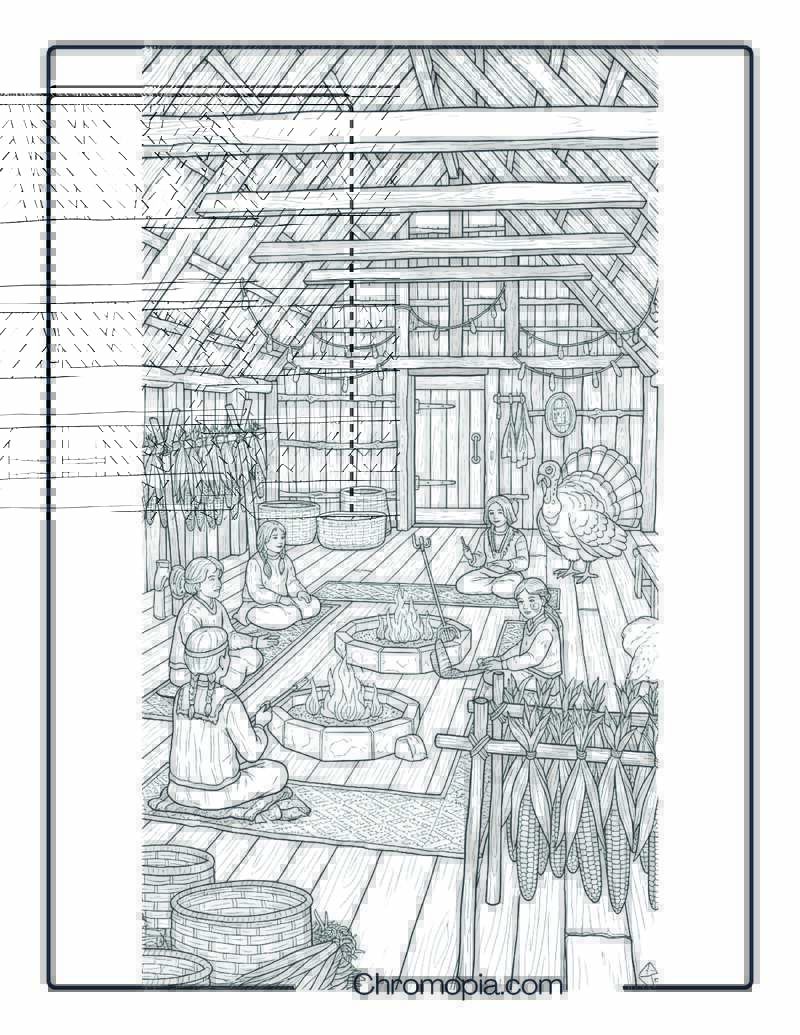 Iroquois Longhouse Interior Coloring Sheet