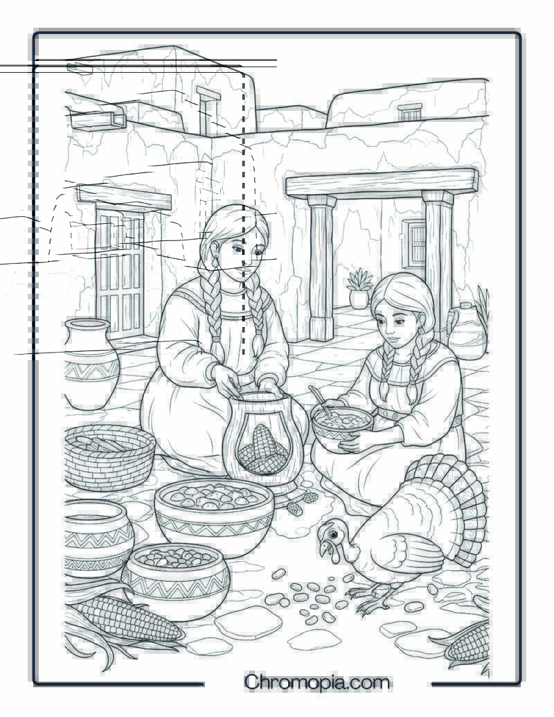 Pueblo Courtyard Cooking Scene Coloring Page