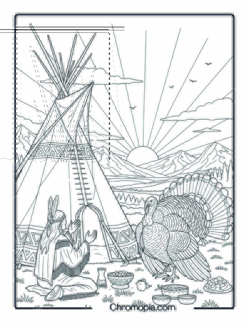 Tipi Ceremony at Sunrise Coloring Sheet