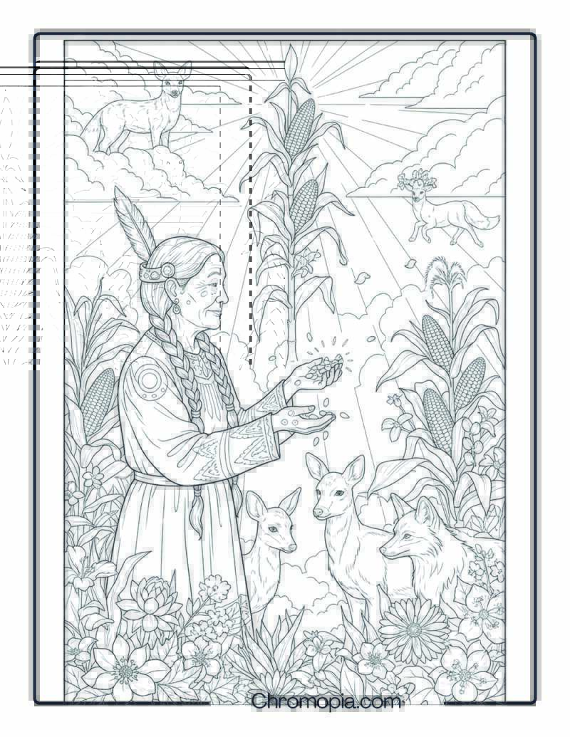 Native American Corn Mother Story Scene Coloring Sheet