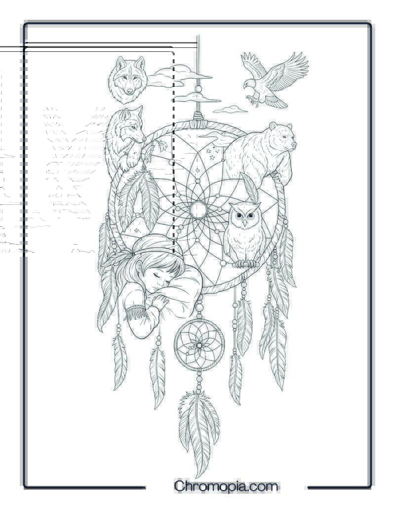 Native American Dreamcatcher and Spirit Animals Coloring Sheet