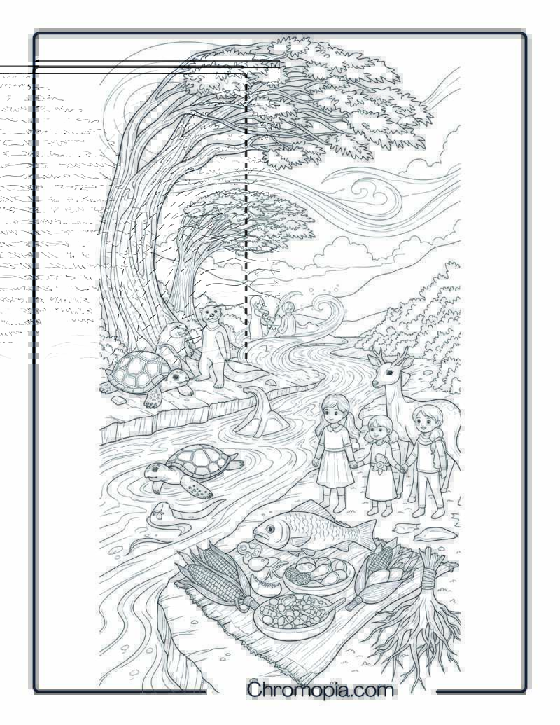 Native American Spirits of Nature and River Coloring Page