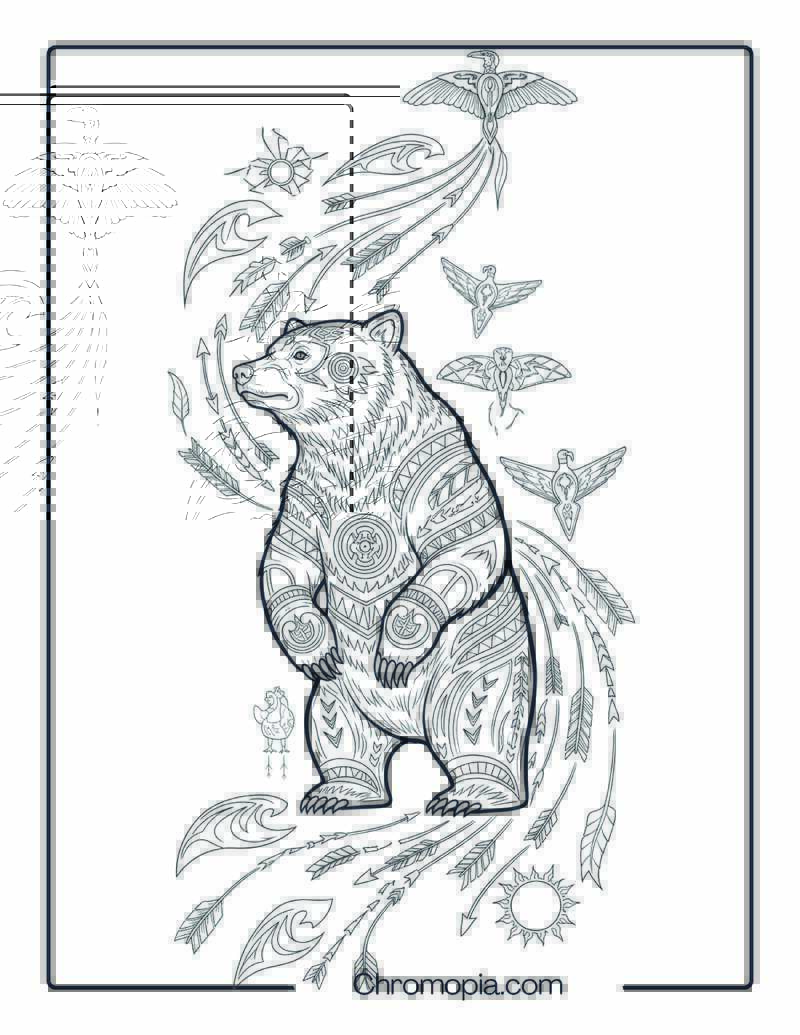 Spirit Bear and Symbol Trail Coloring Sheet. Sun Symbol Native Pattern Coloring Page
