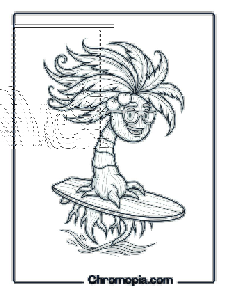 Surfing Coconut Tree Coloring Page