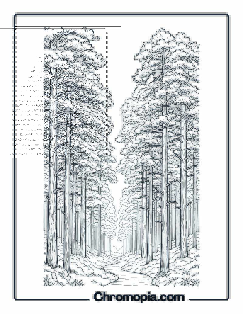 Dense Pine Forest Path Coloring Page
