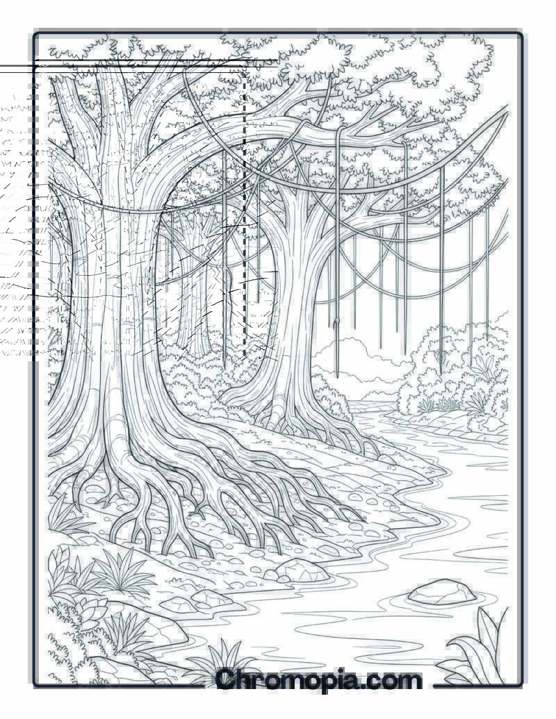 Jungle Riverbank Tree Scene Coloring Page