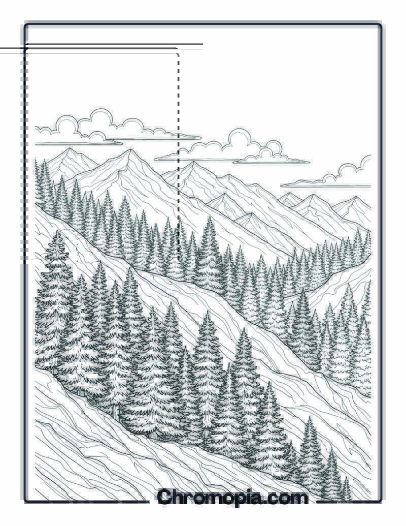 Mountain Forest with Fir Trees Coloring Sheet