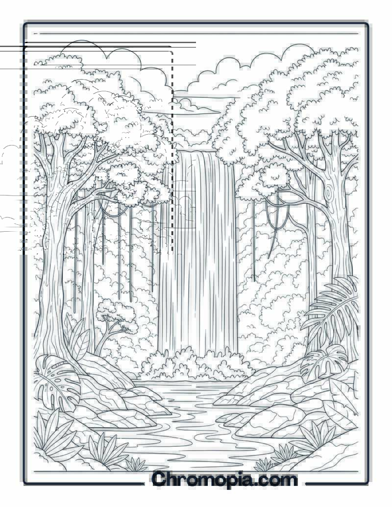 Rainforest Waterfall Tree Scene Coloring Page