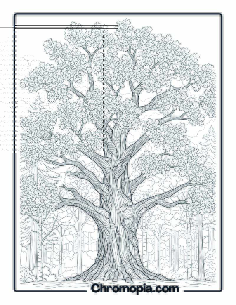 Ancient Oak Tree in Misty Forest Coloring Page