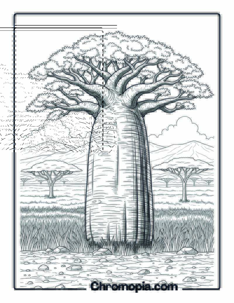 Baobab Tree in African Savannah Scene Coloring Sheet
