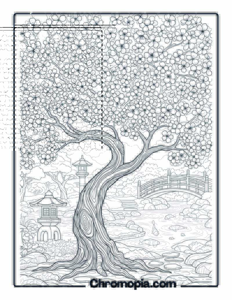 Cherry Blossom Tree in Japanese Garden Coloring Sheet
