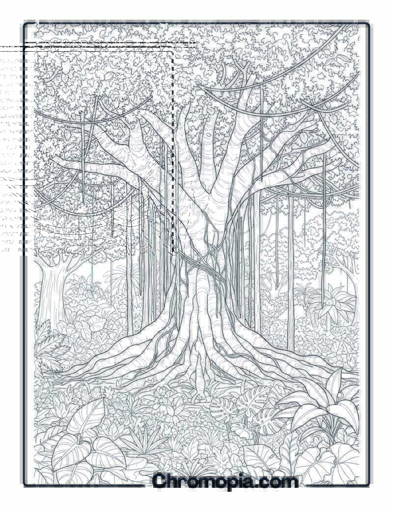 Jungle Banyan Tree with Hanging Roots Coloring Sheet