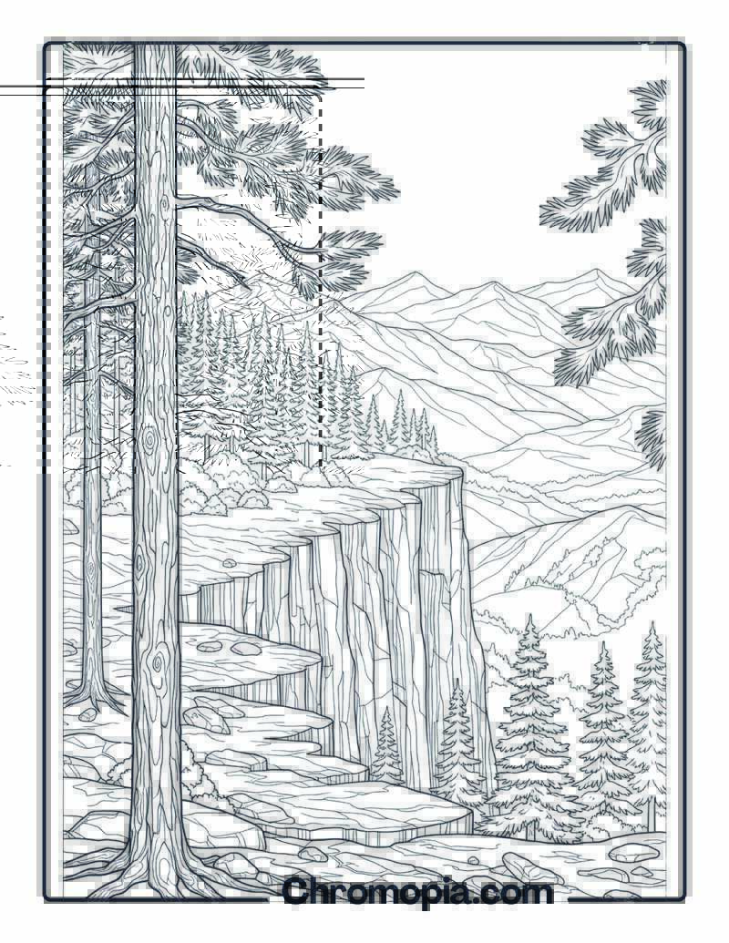 Pine Forest Cliffside View Coloring Sheet