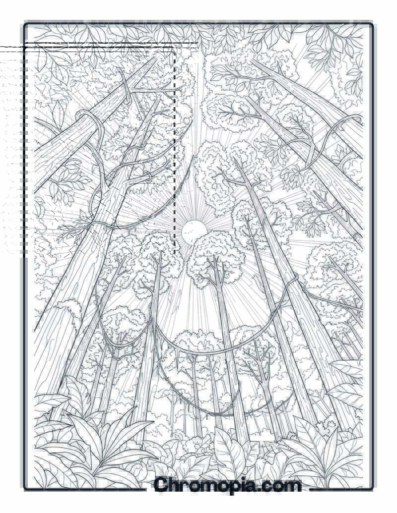 Rainforest Canopy with Sun Rays Coloring Page