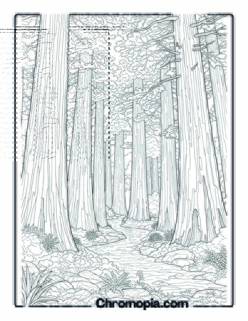 Redwood Grove Pathway Scene Coloring Page