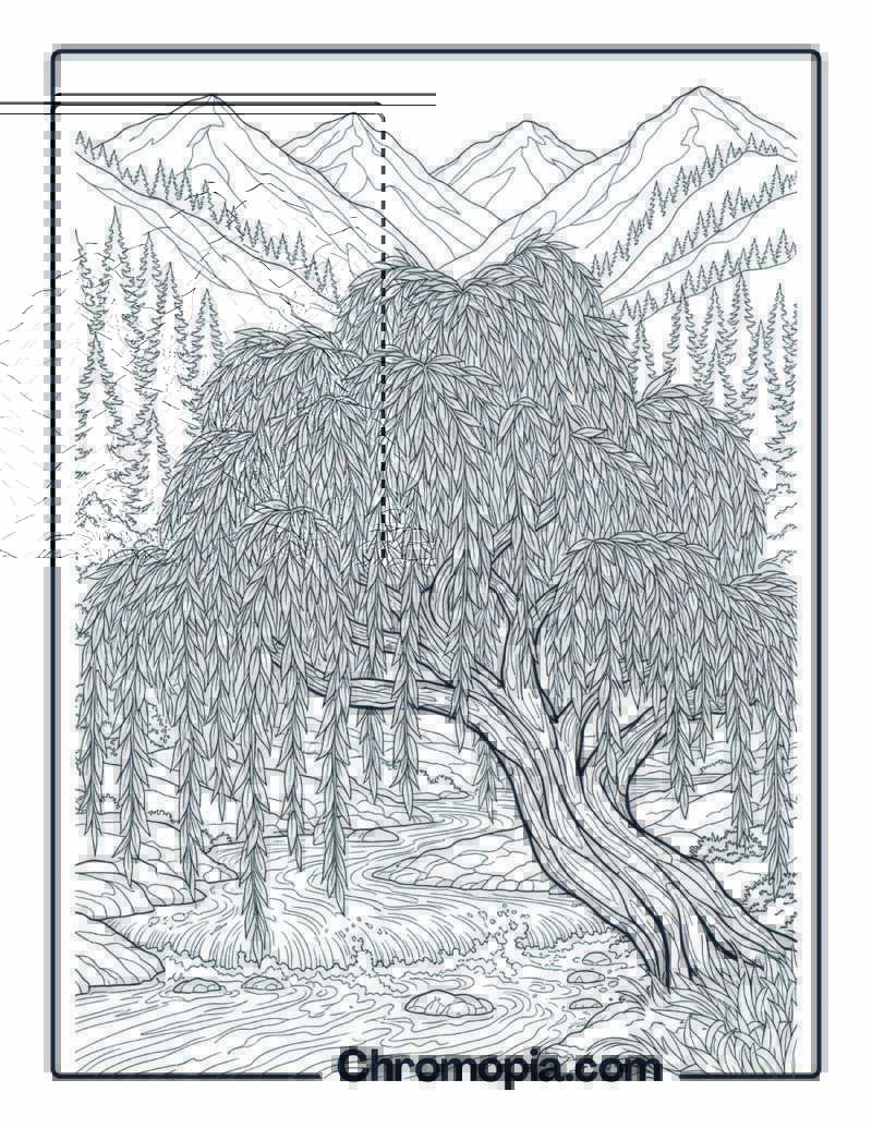 Willow Tree beside Mountain Stream Coloring Page