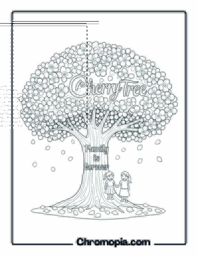 Blossoming Cherry Tree Family Love Coloring Sheet