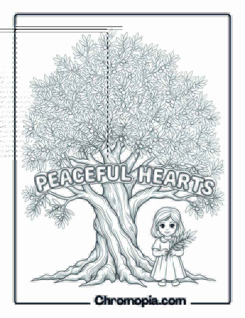 Olive Tree Peaceful Hearts Coloring Page
