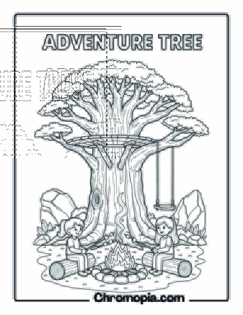 Campfire Under Adventure Tree Coloring Page