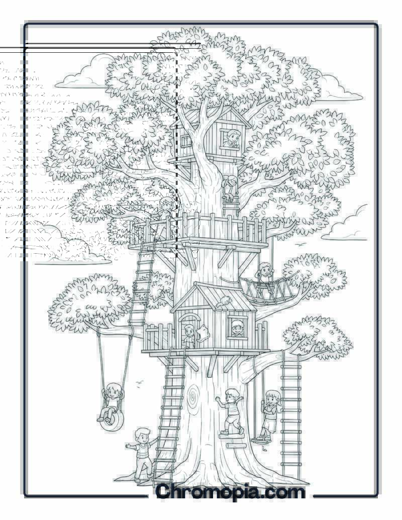 Multi-Level Adventure Tree Coloring Page