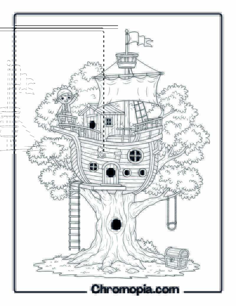 Pirate Ship Treehouse Coloring Sheet