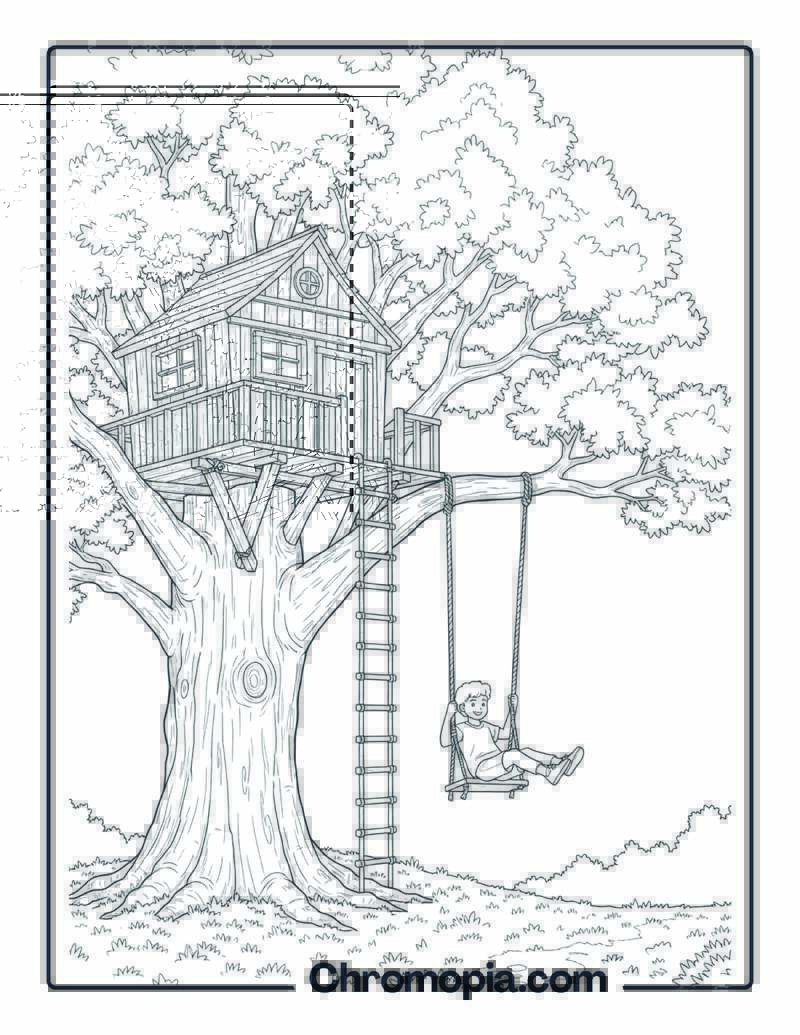 Rope Swing Treehouse Coloring Page