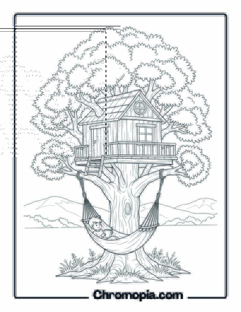 Treehouse with Hammock Coloring Page