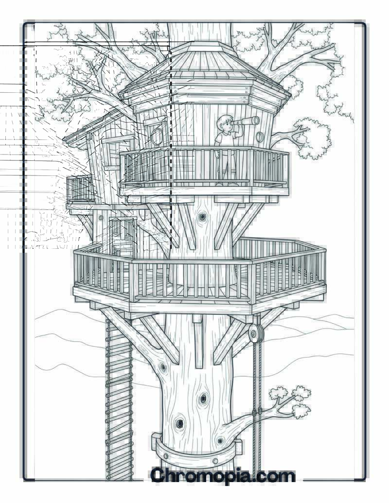 Treehouse with Observation Deck Coloring Sheet