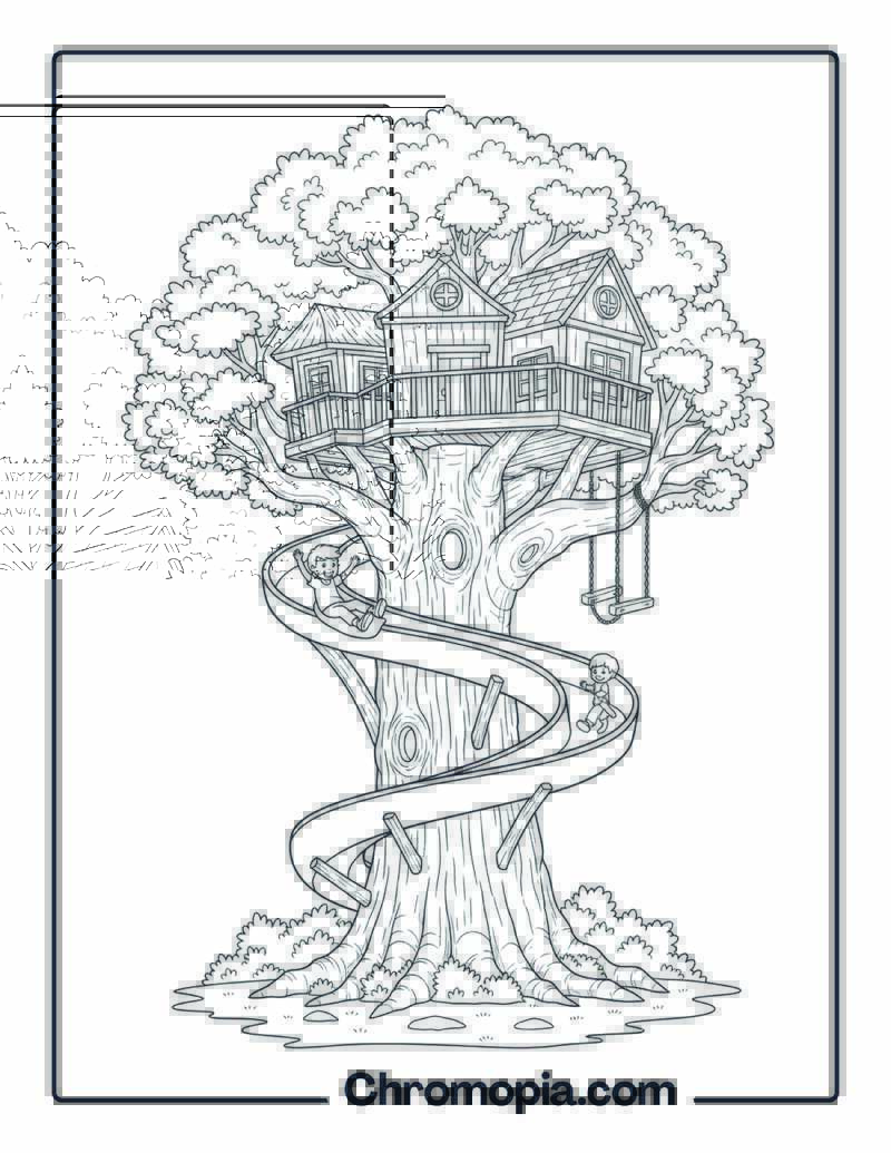 Treehouse with Spiral Slide Coloring Page