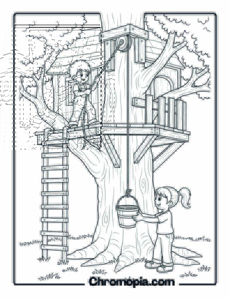 Water Bucket Pulley Treehouse Coloring Sheet